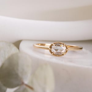 Rose cut oval diamond engagement ring, unique engagement ring, simple antique cut diamond, elegant solitaire east west oval diamond ring