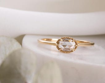 Rose cut oval diamond engagement ring, unique engagement ring, simple  antique cut diamond, elegant solitaire east west oval diamond ring