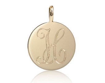 Disc Only! Single disc initial charm necklace, 6mm round disc 9mm charm necklace, solid 14k gold, rose gold, white gold, engraved initial