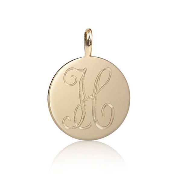 Disc Only! Single disc initial charm necklace, 6mm round disc 9mm charm necklace, solid 14k gold, rose gold, white gold, engraved initial
