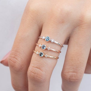 3mm Montana sapphire three stone ring, dainty blue green sapphire ring with diamonds, 3 stone 14k gold ring, dainty sapphire engagement ring