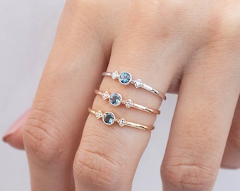 3mm Montana sapphire three stone ring, dainty blue green sapphire ring with diamonds, 3 stone 14k gold ring, dainty sapphire engagement ring