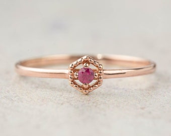 Ruby solitaire ring, hexagon ruby ring, antique inspired ring, 14k rose gold, white gold, yellow gold, valentines day gift, ruby stack ring