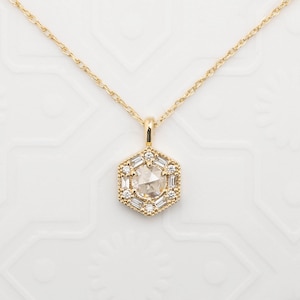 Rose cut diamond art deco inspired necklace, Earth mined natural diamond necklace, Unique Hexagon necklace, Solid 14k gold, bridal jewelry
