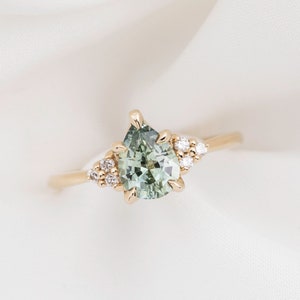 One of a kind Montana Sapphire Ring, green sapphire diamond cluster ring, Vintage inspired green pear cut sapphire engagement ring, 14k gold 1.27ct