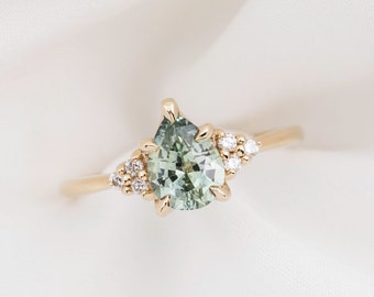 One of a kind Montana Sapphire Ring, green sapphire diamond cluster ring, Vintage inspired green pear cut sapphire engagement ring, 14k gold