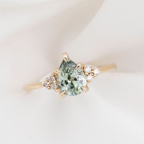 One of a kind Montana Sapphire Ring, green sapphire diamond cluster ring, Vintage inspired green pear cut sapphire engagement ring, 14k gold