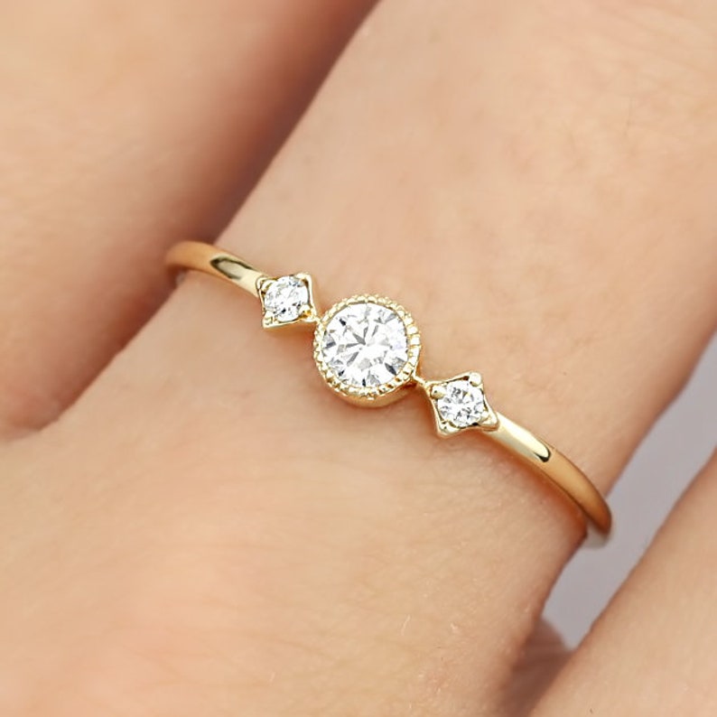 14k gold unique diamond engagement ring, solid 14k delicate gold engagement ring, vintage antique inspired ring, 0.12ct G SI diamond ring image 6