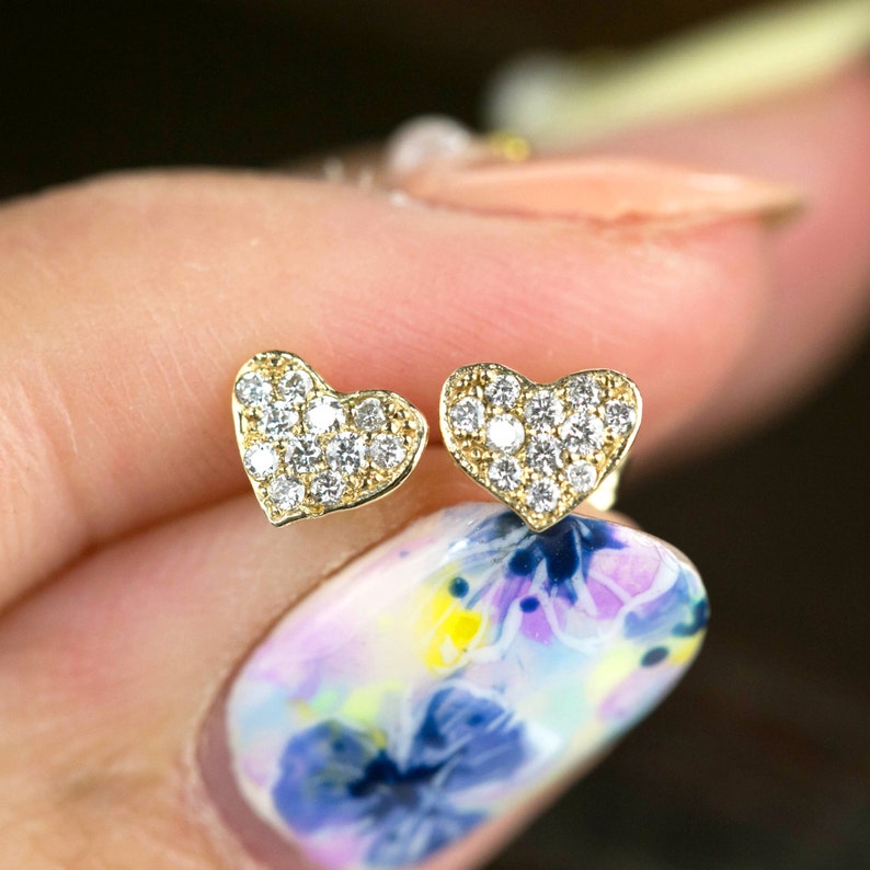 Heart stud earrings, Diamond pave studs, Heart earrings, heart studs, clustered diamond earrings, solid gold, 14k gold, Valentine's gift image 5