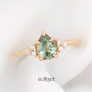 One of a kind Montana Sapphire Ring, green sapphire diamond cluster ring, Vintage inspired green pear cut sapphire engagement ring, 14k gold 0.83ct