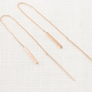 14k solid gold bar chain thread earrings, yellow gold, rose gold, white gold long bar dangle earring, simple minimalist threader earrings