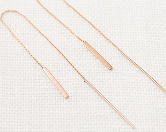 14k solid gold bar chain thread earrings, yellow gold, rose gold, white gold long bar dangle earring, simple minimalist threader earrings