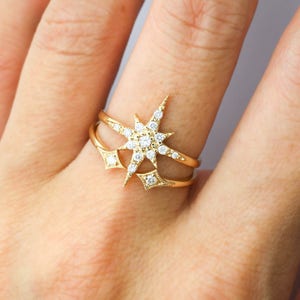 Starburst cluster diamonds ring set in solid 14k gold, pave diamond star stacking ring set, dainty statement ring, gold diamond star ring, image 1
