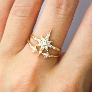 Starburst cluster diamonds ring set in solid 14k gold, pave diamond star stacking ring set, dainty statement ring, gold diamond star ring,