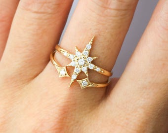 Starburst cluster diamonds ring set in solid 14k gold, pave diamond star stacking ring set, dainty statement ring, gold diamond star ring,