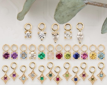 14k Solid Gold Diamond Hoop Charms, Gemstone Hoop Charms, Genuine Birhtstone Charms *SINGLE PIECE*