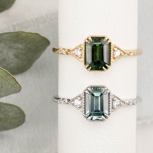 Green Sapphire Emerald cut Engagement ring, Blue Emerald shaped sapphire, Queensland Montana Sapphire Engagement Ring, Green Emerald Ring