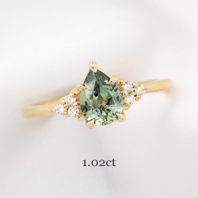 One of a kind Montana Sapphire Ring, green sapphire diamond cluster ring, Vintage inspired green pear cut sapphire engagement ring, 14k gold 1.02ct