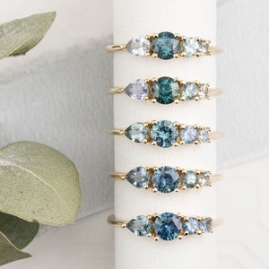 One of a kind Teal blue sapphire cluster ring, teal sapphire four stone ring, unique multi-cluster ring, unique sapphire cluster ring, gold