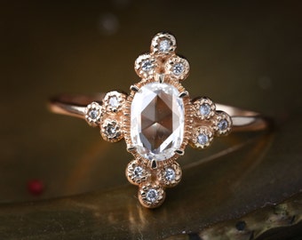 Art deco oval rose cut diamond engagement ring, unique engagement ring, alternative entagement ring Large Rose cut diamond engagement ring