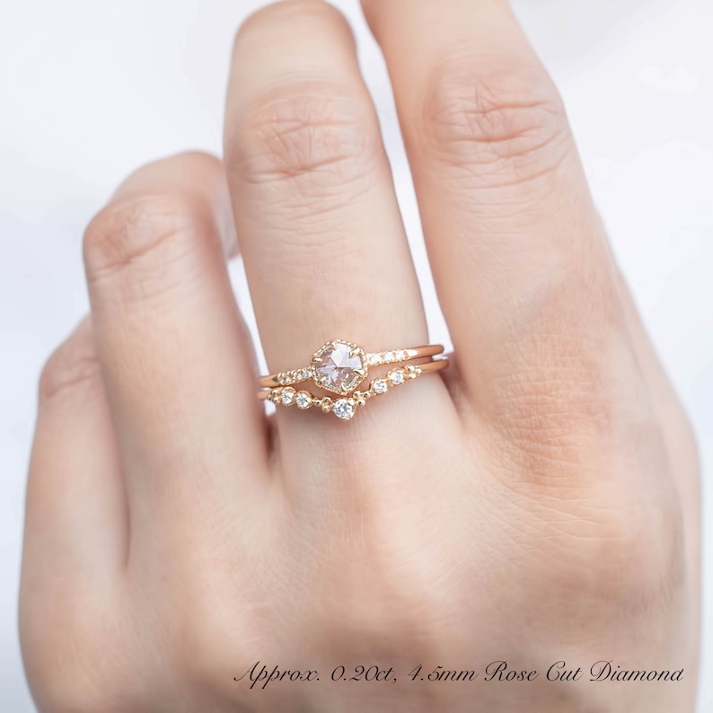 Round Diamond Engagement ring, Unique hexagon diamond engagement ring, 14k gold engagement ring, Dainty Pave Band Diamond Engagement ring image 2