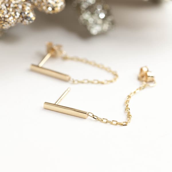 14k massief gouden bar ketting oorbellen, bungelende ketting oorbellen, korte drop chain oorbellen, oorbellen drop chain, 14k goud, roségoud, wit goud