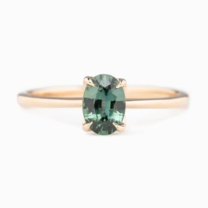 Oval Green Madagascar Sapphire Ring, Blue-green sapphire solitaire ring, Simple Green Sapphire Ring, 14k rose gold sapphire engagement ring