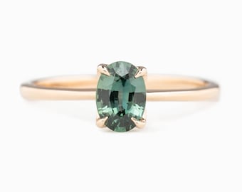 Oval Green Madagascar Sapphire Ring, Blue-green sapphire solitaire ring, Simple Green Sapphire Ring, 14k rose gold sapphire engagement ring