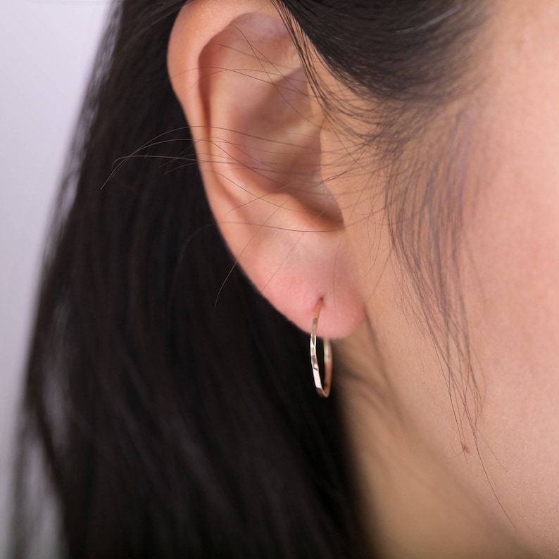 Gold hammered hoop earrings, Tiny white gold hoop earrings, Thin rose gold hoop earrings, 14k solid gold, hammered texture wire image 4