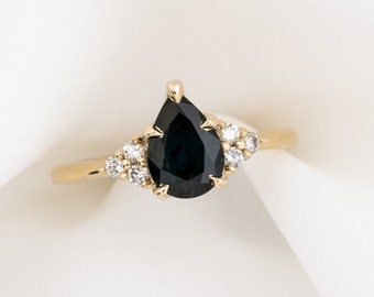 One of a kind Pear Cut Engagement Ring, dark blue teal diamond cluster ring, Vintage inspired pear cut sapphire engagement ring, 14k gold