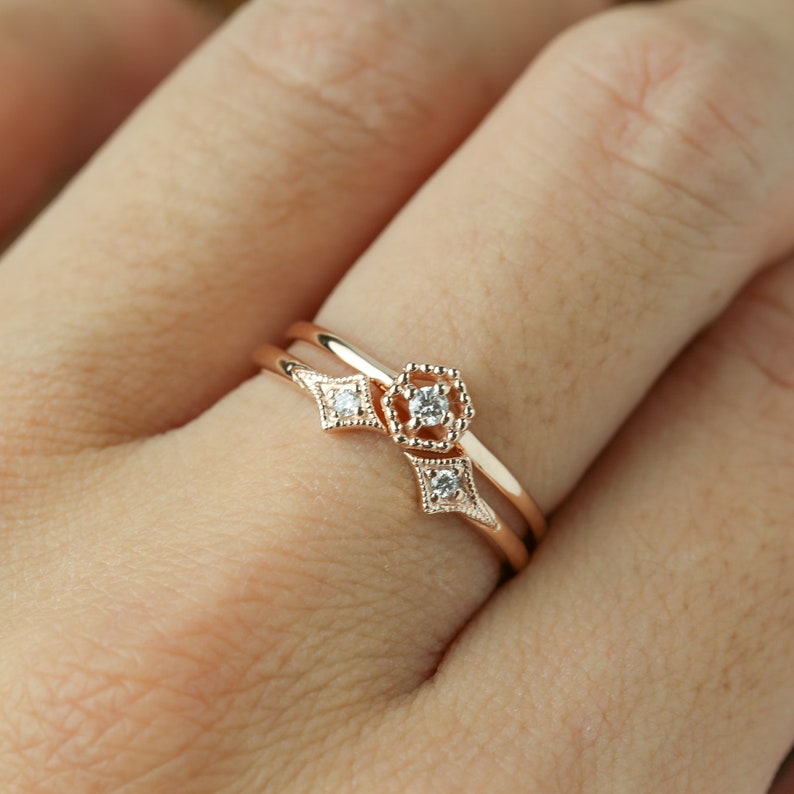 Double diamond star ring, diamond open wedding ring. 14k gold, rose gold, white gold, wedding ring, wedding band, stacking ring image 7