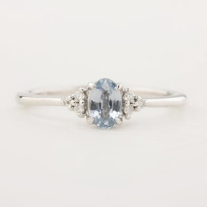 Unheated Blue Sapphire Engagement Ring, Diamond cluster blue sapphire ring, oval blue sapphire engagement ring, 14k white gold, light blue