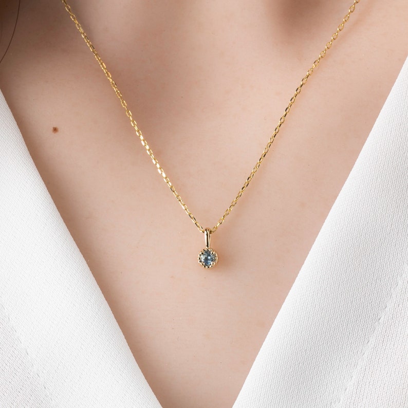 Birthstone charm, Montana sapphire charm for personalized necklace, Dainty blue green round charm, Recycled Gold, 14k yellow rose white gold image 2