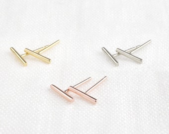 14k solid gold bar stud earrings, dainty bar stud earring, tiny bar studs earrings, mini bar, round bar, solid gold, rose gold, white gold