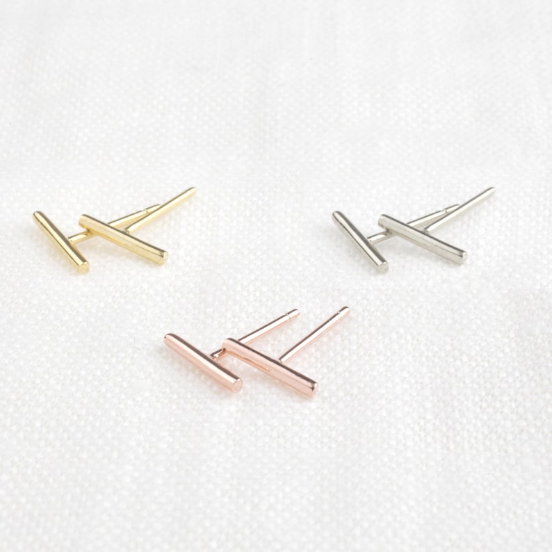 14k solid gold bar stud earrings, dainty bar stud earring, tiny bar studs earrings, mini bar, round bar, solid gold, rose gold, white gold image 1