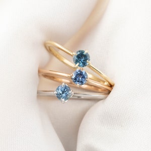 4mm Montana Sapphire Ring, Solitaire Flower Setting, Green-Blue Sapphire engagement ring, simple engagement ring, unique dainty ring stack