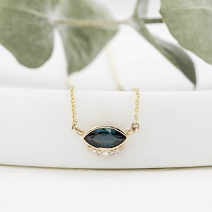 Blue sapphire necklace, 14k gold, teal blue marquise diamond necklace, dainty simple charm necklace, blue marquise sapphire, bridal necklace