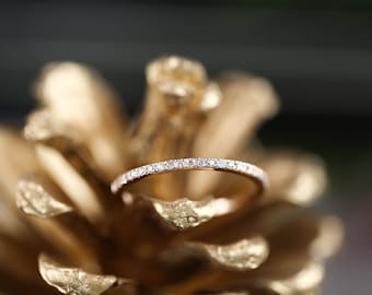Thin half-eternity wedding band, pave diamond band, brilliant cut white diamond ring, simple minimalist ring 14k gold, rose gold, white gold
