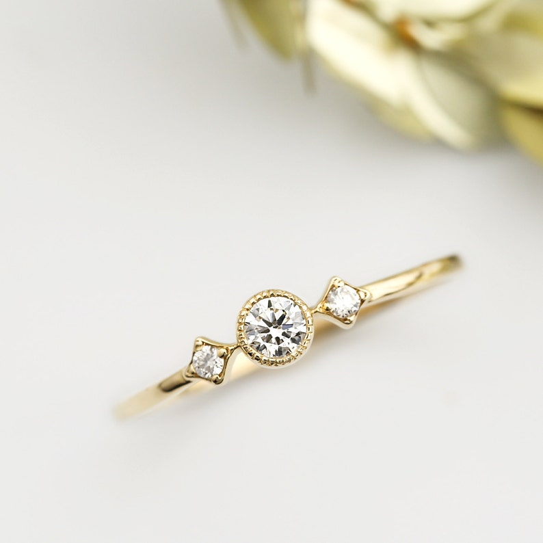 14k gold unique diamond engagement ring, solid 14k delicate gold engagement ring, vintage antique inspired ring, 0.12ct G SI diamond ring image 4