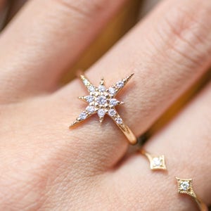 Starburst cluster diamonds ring set in solid 14k gold, pave diamond star stacking ring set, dainty statement ring, gold diamond star ring, image 2