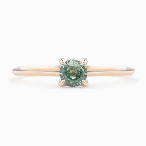 Light green blue sapphire solitaire ring, small round sapphire engagement ring, simple minimal round green sapphire ring, solid 14k gold 14k rose gold