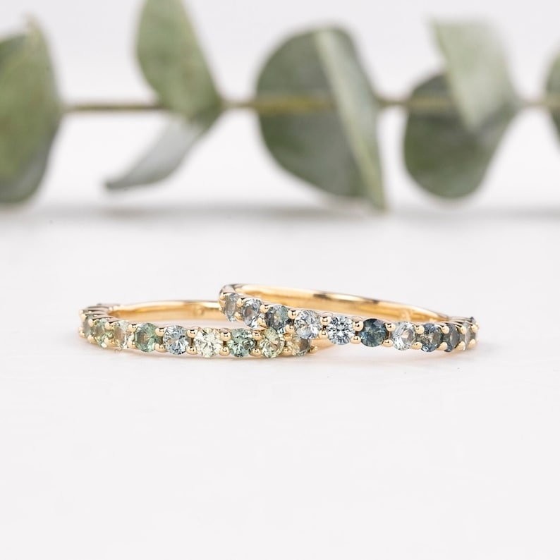 Unique 14k sapphire wedding band, Teal blue green stacking ring, straight wedding ring, shared prong sapphire band, antique inspired ring image 1