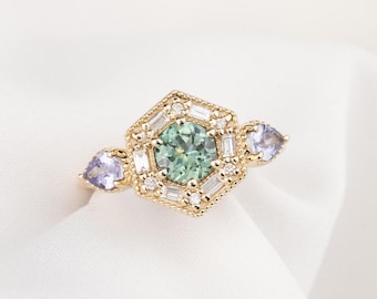 Hexagon Montana Sapphire Solitaire Engagement Ring, Green Sapphire, Vintage feel engagement ring,  Statement Ring