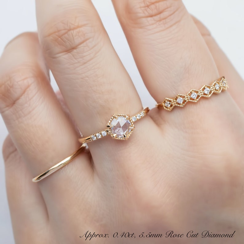 Round Diamond Engagement ring, Unique hexagon diamond engagement ring, 14k gold engagement ring, Dainty Pave Band Diamond Engagement ring image 3