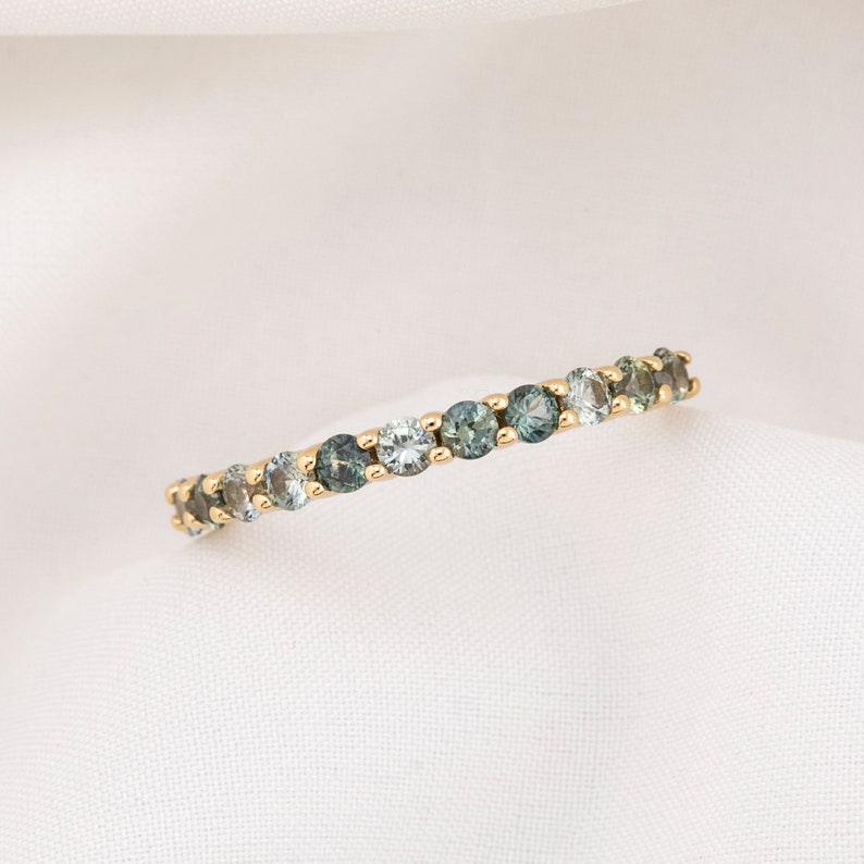 Unique 14k sapphire wedding band, Teal blue green stacking ring, straight wedding ring, shared prong sapphire band, antique inspired ring image 7