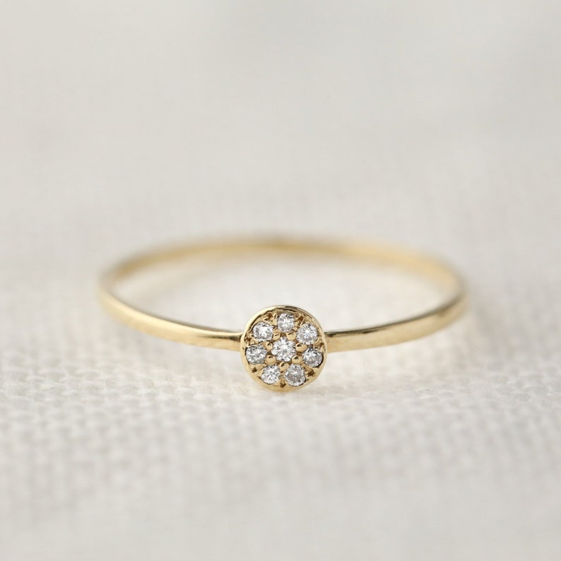 14k yellow, rose, white gold diamond ring, diamond pave ring, micro pave, stackable ring, round disc ring, solitaire ring, diamond moon ring image 1