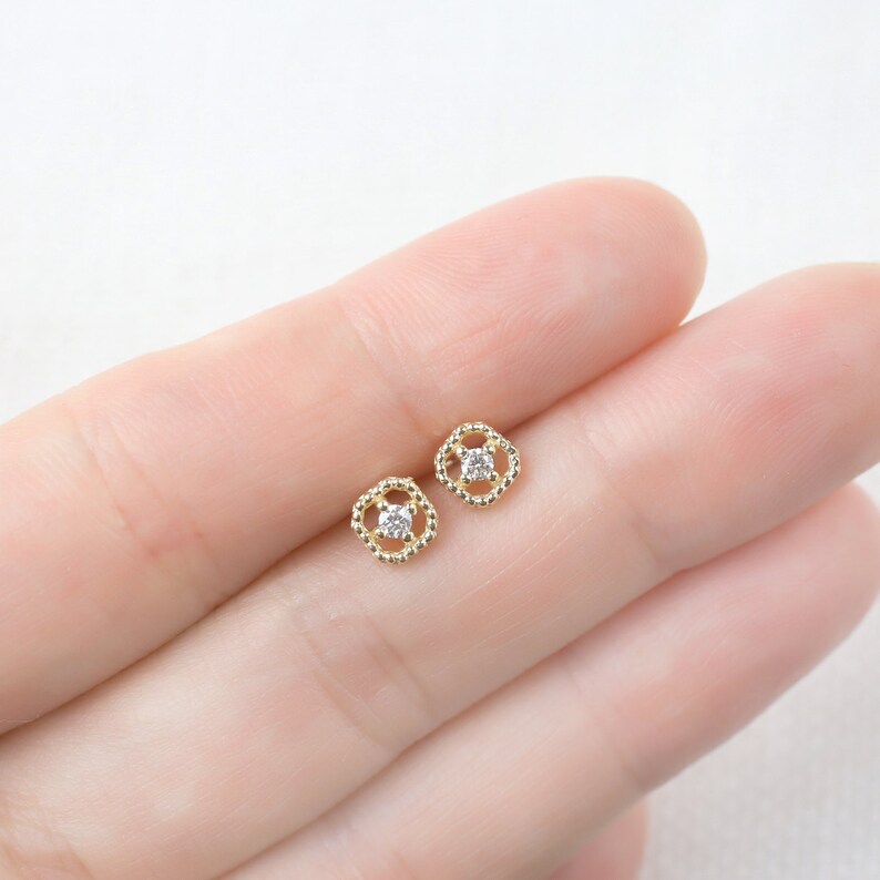 Vintage inspired diamond stud earrings, tiny white diamonds, 14k gold, diamond stud earrings, Vintage inspired earrings Antique style studs image 4