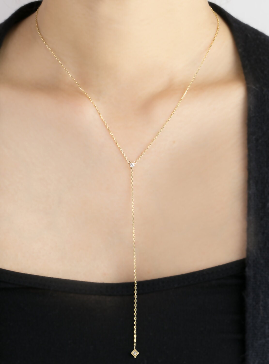 14k gold diamond Y necklace drop necklace natural white Etsy