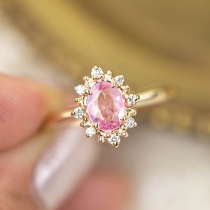 Unique Pink Sapphire Engagement Ring, Unheated pink sapphire ring, Victorian style diamond halo engagement ring, Large oval ring 14k gold