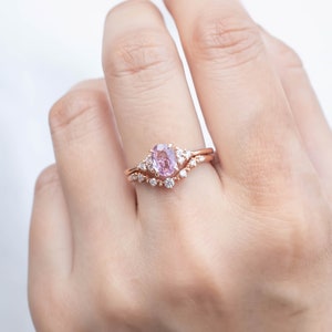 Oval Pink Sapphire Engagement Ring, Pink Sapphire Diamond cluster ring, Oval Sapphire, Vintage inspired Oval Pink Sapphire engagement ring image 8